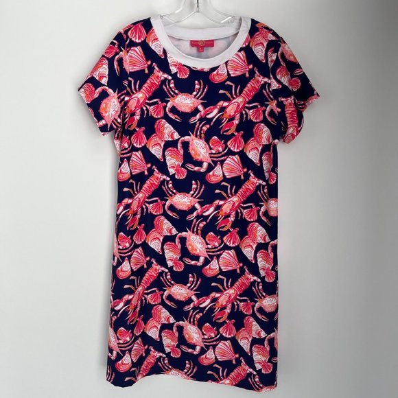 Kaeli Smith Navy Blue Red Pink Crab Lobster Short Sleeve Dress Women's Large L - Picture 2 of 10